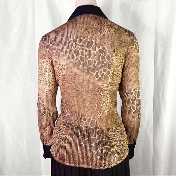 BUTTON DOWN SHIRT ANIMAL PRINT BROWN SHEER CHIFFON TOP LONG SLEEVE  BLOUSE SMALL - Picture 14 of 17